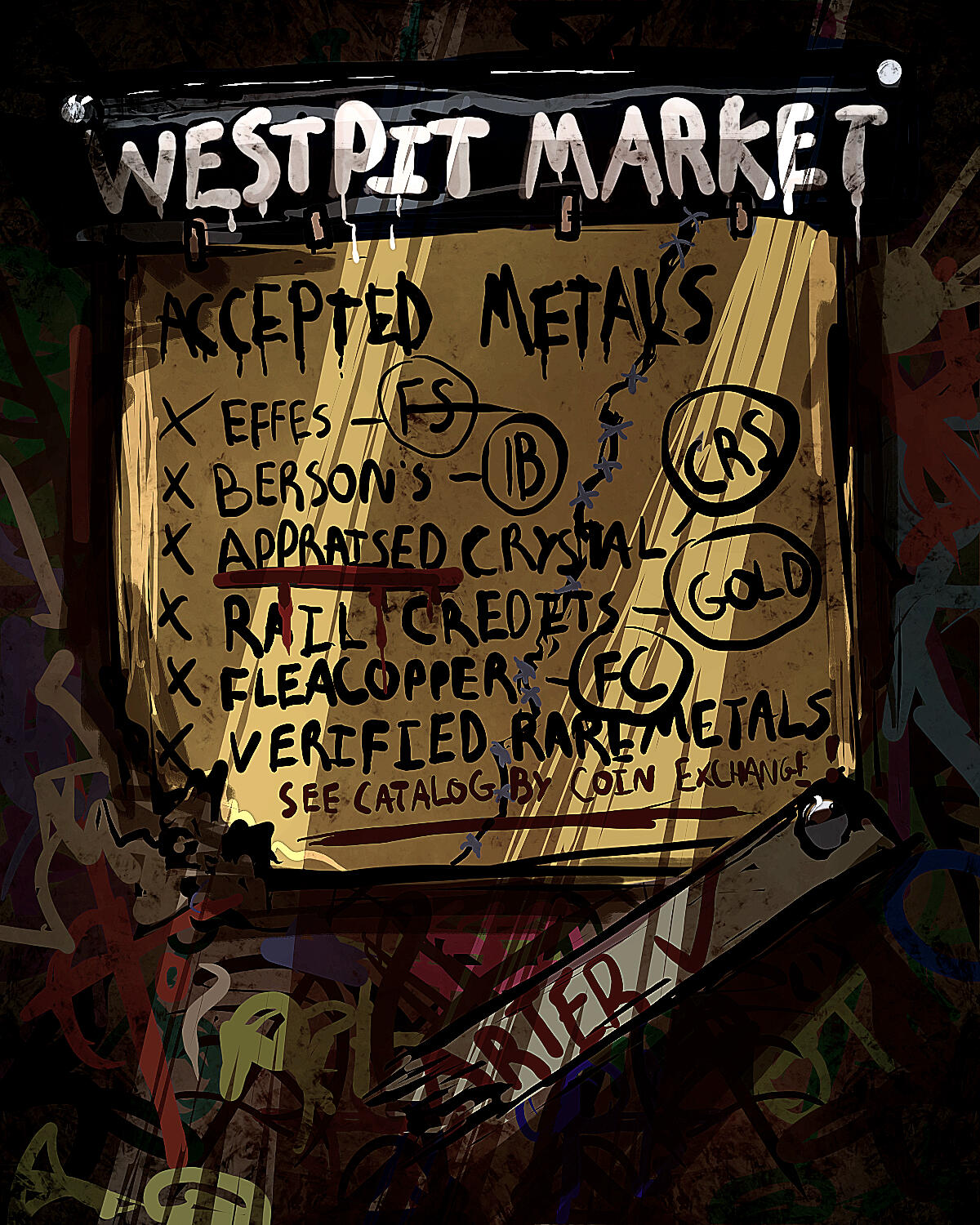 ACCEPTED METALS Effes— FS Berson's— B Appraised Crystal— CRS rail credits— GOLD fleacopper— FC Verified raremetals (see catalog by the coin exchange) There's another piece of plastic hanging down off the sign reading "BARTER ✓" But the 'B' is broken